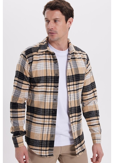 Tudors Erkek Slim Fit Dar Kesim Kareli Kışlık Oduncu Gömlek-42191 Vizon