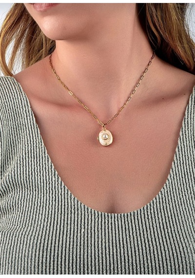 Lunarie İnci Detaylı Açılır Madalyon Kolye 14k Gold Paperclip Krem