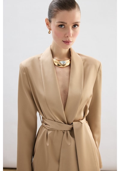 Sateen Kuşaklı Saten Ceket - Camel-137008 CAMEL