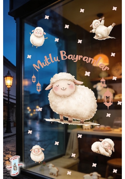 Sevimli Kuzulu Kurban Bayramı Cam Sticker Seti Çift Taraflı 61 Parça Bayram Süsü Premium Sticker Dijital Baskı