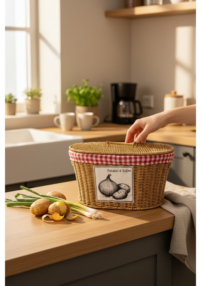 Akayev Rattan Patates Soğan Bölmeli Sepeti 28x39x21 Cm Kahverengi
