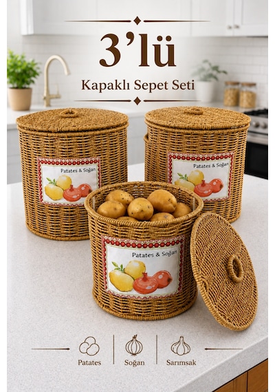 3'lü Hasır Kapaklı Patates Soğan Sepeti Seti Rattan Görünümlü Çok Amaçlı Mutfak Sepeti Diğer