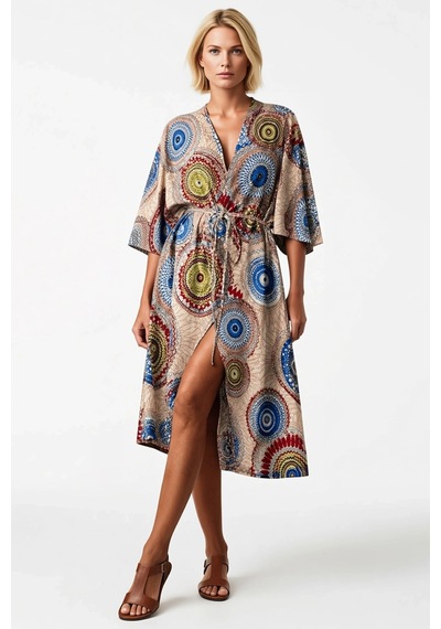 Ersefa Kadın Kısa Kollu Önü Açık Belden Kuşaklı Uzun Kimono Mandala Dese Çok Renkli