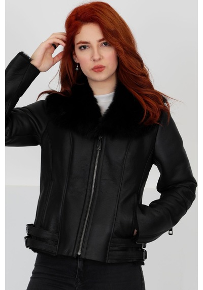 M M Marki Marki Siyah Hakiki Kürk Ve Deri Mont - Kemerli, Yakası Kürklü, Fit Kesim, Elegant Chic - 103722