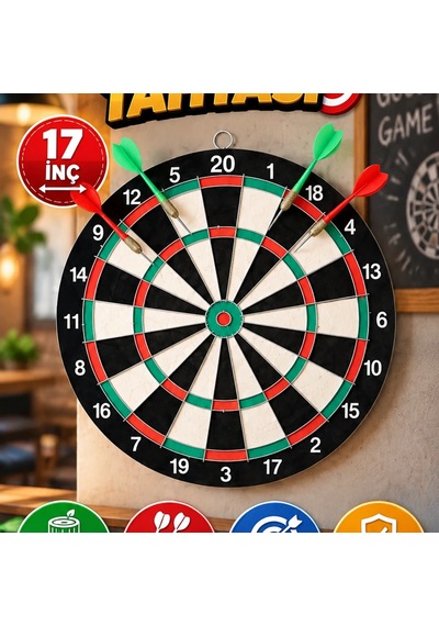17 İnç Ahşap Dart Tahtası Seti 4 Metal Uçlu Dart Oku