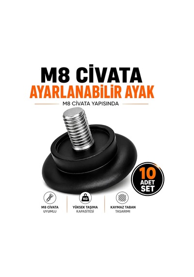 10 Adet Bingo Rotil Ayak M8 Civatalı 8 Mm Siyah Profil Ayağı Ayakları 3 Cm Beyaz - Çok Renkli