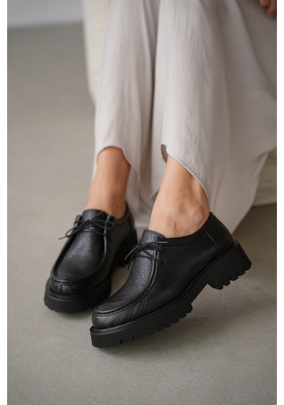 Orsel Hakiki Deri Bağcıklı Kadın Loafer- Siyah