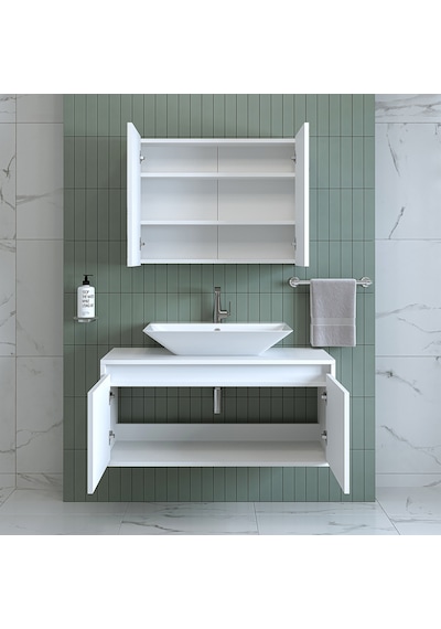 Banos Banyo Roomart Lavabolu Mat Beyaz Mdf 100Cm Banyo Dolap+Ayna Mat Beyaz