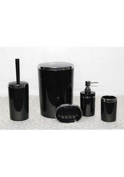 Makri Home Banyo Seti 5'li, Yuvarlak, Akrilik-çöp Kovası, Wc Fırçalık, Sıvı Sabunluk, Diş Fırçalık, El Sabunluk Siyah
