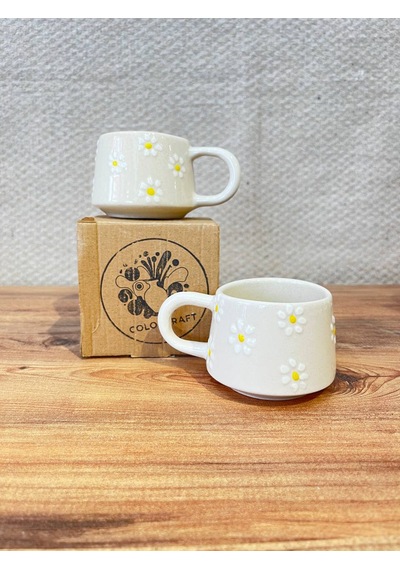 Bulut Papatya Desenli El Yapımı Seramik Kupa, Mug, Türk Kahvesi