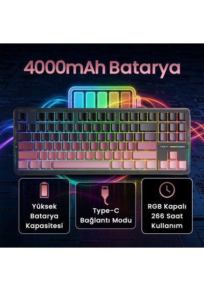 Aula F87 Pro Mekanik Rgb Tkl Graywood V4 Switch Kablosuz Makrolu Hot Swap Klavye Gradyan Pembe