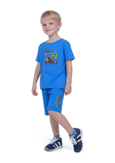 Fyk Kids Erkek Çocuk Tişört-şort Hard Working Baskılı Alt-üst Takım Mavi