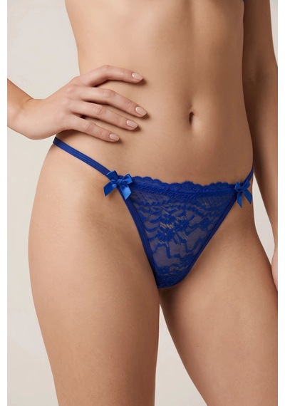Moda Dua Saks Mavi Fiyonk Detaylı Çiçek Dantelli String Külot Tm1520