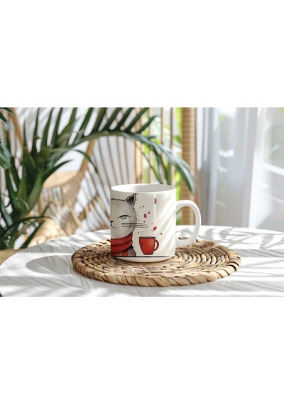 Kedi Figürlü Kupa Bardak - Sevimli Hayvan Severlere Hediye Fikir - 11 Oz Beyaz