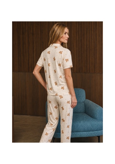 Bol Kesim V Yaka Örme Kırık Beyaz Pijama Takımı