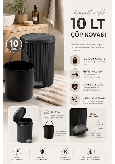 Porsima 0706 Still 10 Litre Pedallı İç Kovalı Çöp Kovası Antrasit Yuvarlak Banyo Ve Mutfak Çöp Kovası Yok