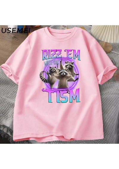 Flood Of Style Rizz Em Tism Rakun T-shirt Çöp Panda Komik Grafik T Shirt Erkekler Komik Pamuk Kısa Kollu Har Pembe