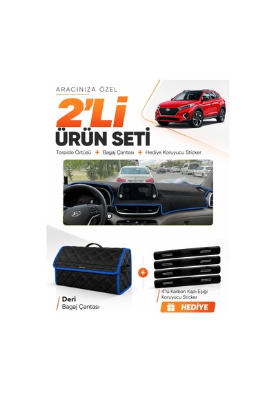 Hyundai Tucson 2018-2021 Uyumlu Torpido Örtüsü + Deri Bagaj Çantası + Sticker Seti - Siyah Mavi