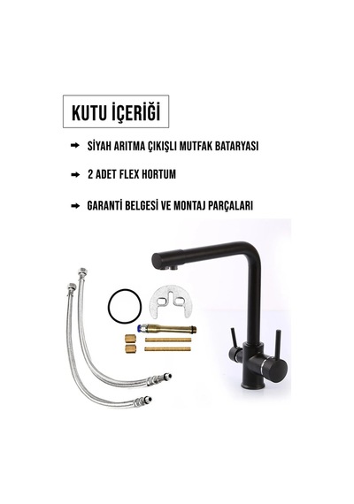 Kustar 3 Yollu Arıtma Çıkışlı Mutfak Eviye Bataryası Siyah krom
