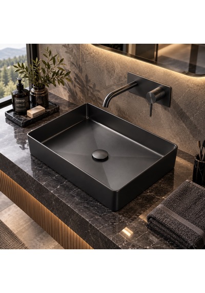 Alfas Aura Dikdörtgen 51x36cm Pvd Antrasit Tezgah Üstü Altı Çanak Lavabo 304 Paslanmaz Çelik