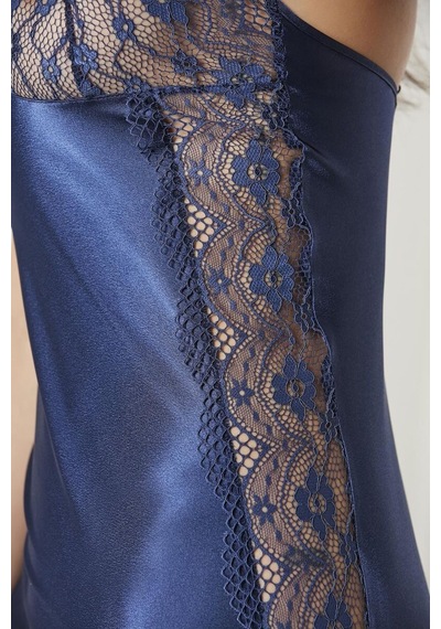 Pierre Cardin Lacivert Saten Dantelli Gecelik Sabahlık Takım 4438 Lacivert