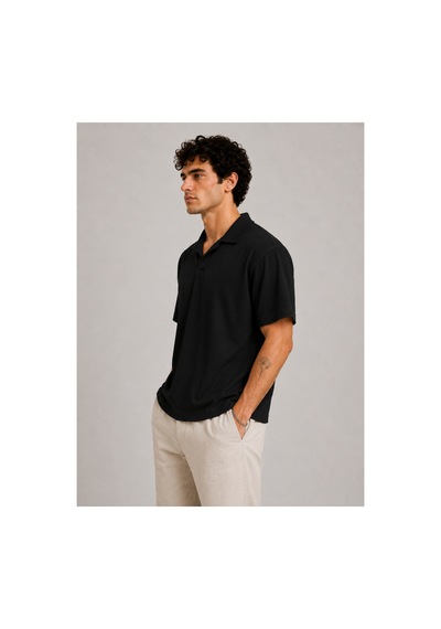 Parshey Regular Fit Fitilli Patlı Polo Yaka Erkek Tişört Premium Ottoman Kumaş Siyah