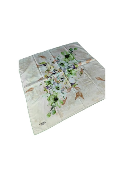Mim Eşarp Emilya Rayon Çiçek Desenli Şal Eşarp 90x90 Cm Bej - Yeşil