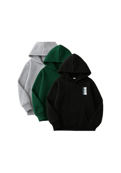 3'lü Kapüşonlu Sweatshirt Seti- Minimal Run Baskılı- Siyah, Nefti Yeşili, Gri- Kışlık Şardonlu Kumaş Siyah Nefti Yeşili Gri
