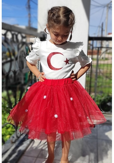 Novy Baby Novy-23 Nisan Türk Bayraklı Omuz Fırfırlı KızÇocuk Tişört 2-9 Yaş