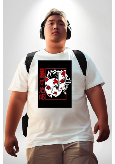 Angemiel Anime İblis Avcısı Kimetsu No Yaiba Maske Beyaz Büyük Beden Kadın Erkek Ünisex Basic Ön Baskılı Tişört Beyaz