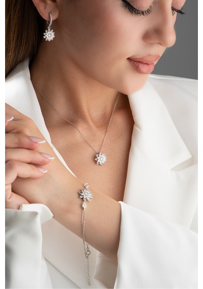 Çekirdekjewelry 925 Ayar Gümüş Lotus Çiçek Takı Seti Taşlı Kolye, Küpe Ve Bileklik Gri