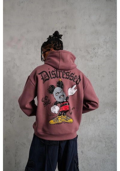 Erkek 3 İplik Pamuklu Kapüşonlu Kanguru Cepli Sweatshirt Hoodie - Gül Kurusu Gülkurusu