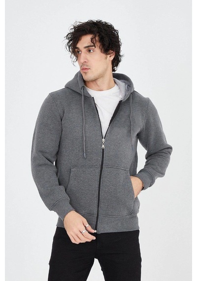 Barlashive Erkek 3 İplik Pamuklu Fermuarlı Kapüşonlu Kanguru Cepli Hoodie Hırka Sweatshirt - Füme Çok Renkli