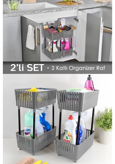 2 Adet 2 Katlı Düzenleyici Mutfak Banyo Rafı - Tezgah Altı Raf Evye Altı Dolap Organizer Gri Antrasit