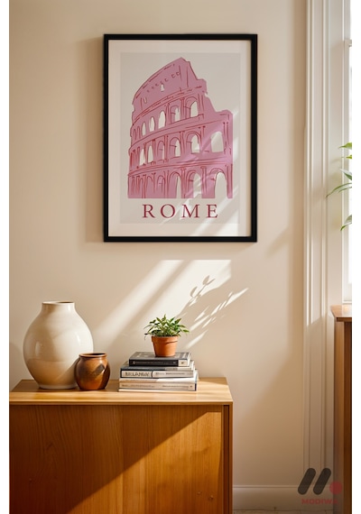 Roma Kolezyum Pembe Poster, Siyah Çerçeveli Duvar Tablosu - Motivasyon Hediyesi