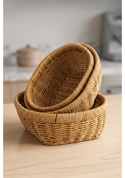 Digithome Oval Rattan 3'lü Organizer Sepet-thn76468 Kahverengi