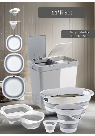11'li Set Çamaşır Sepeti- Katlanır Sele- Badya- Kova- Maşrapa- Süzgeç- Kesim Panosu-huniler Bpa Free Beyaz - Gri