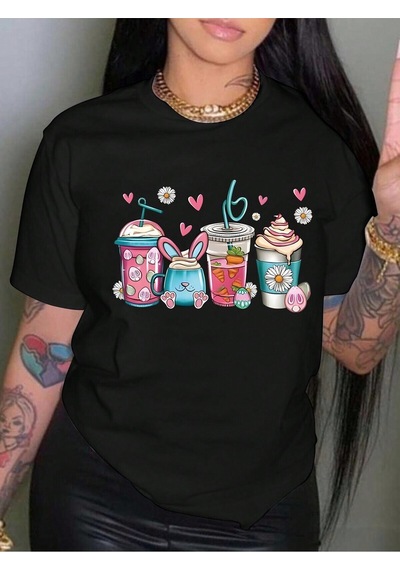 İçecekler T-shirt - Siyah Baskılı Oversize Bisiklet Yaka Kısa Kol Tişört Siyah