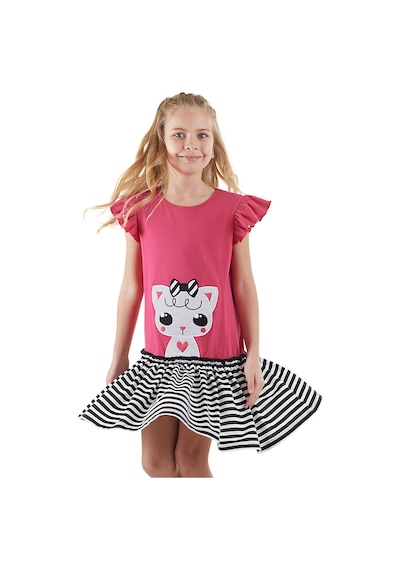 Denokids Kedicik Kız Çocuk Fuşya Yazlık Elbise Renkli Çok Renkli