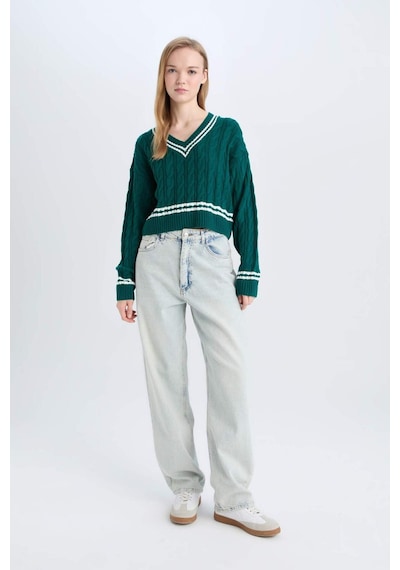 DeFacto 	Coool Regular Fit V Yaka Saç Örgülü Çizgili Triko Kazak C7321AX24WNGN953