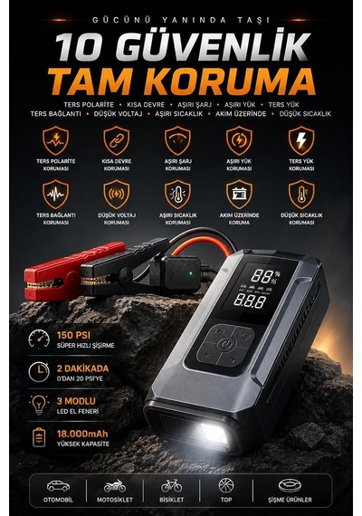 Q16b Akü Takviye Cihazı 18000mah, 150 Psı Hava Kompresörü, Jump Starter Powerbank, Led Fenerli Dijital Ekranlı Last