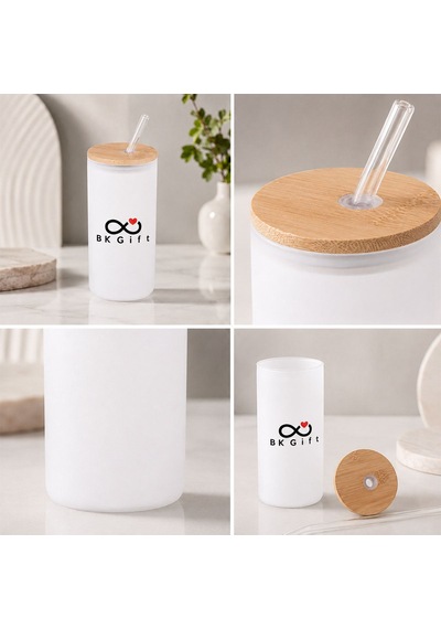Logonuza Özel 5 Adet Pipetli Cam Matara 600 Ml Ahşap Kapaklı Kurumsal Suluk Beyaz