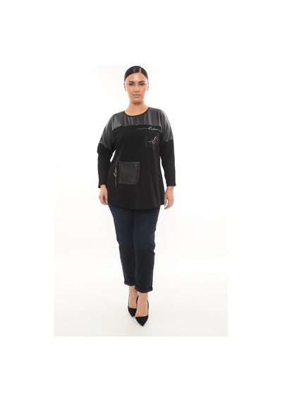 Lady Majestic Rahat Kalıp Büyük Beden Kadın Bluz Uzun Kol Taş Detaylı Siyah