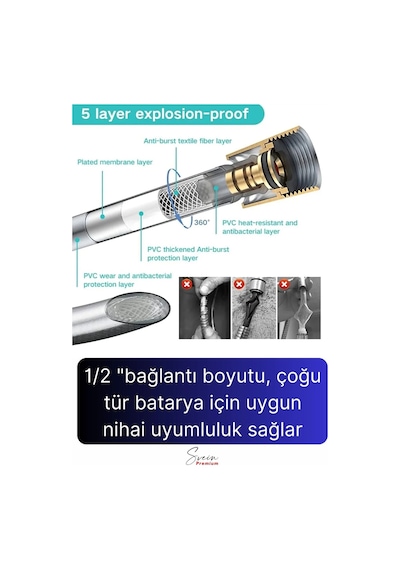 Siyah Dayanıklı Esnek Kırılmaz Çatlamaz Patlamaz Sızdırmaz Pvc Banyo Duş Musluk Hortumu 1,5 Metre Çok Renkli