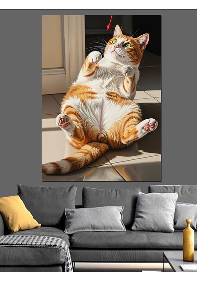 Ahşap Tablo Güneşlenen Komik Ve Şişman Kedi