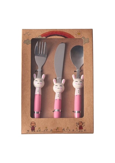 Porland Rabbit Pembe Çocuk Çatal Kaşık Bıçak Takımı 3 Parça Gri