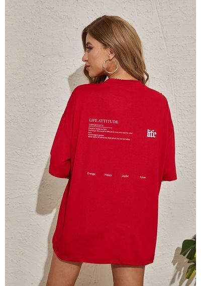 Unisex Life Baskılı T-shirt Kırmızı