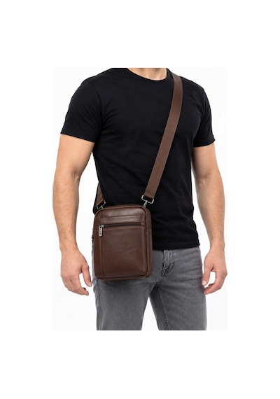 Levano Leather Hakiki İtalyan Dana Derisi Erkek Çapraz Askılı Omuz Çantası 22x16 Cm Fermuarlı Deri Postacı Çanta Koyu Kahverengi