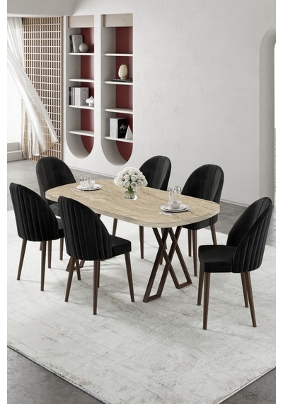 Canisa Kaye Serisi Mdf 90x168 Traverten Mutfak Masası Takımı 6 Siyah Sandalye Traverten Masa Siyah Sandalye Canisa Kaye Serisi Mdf 90x168 Traverten Mutfak Masası Takımı 6 Siyah Sandalye Traverten Masa Siyah Sandalye