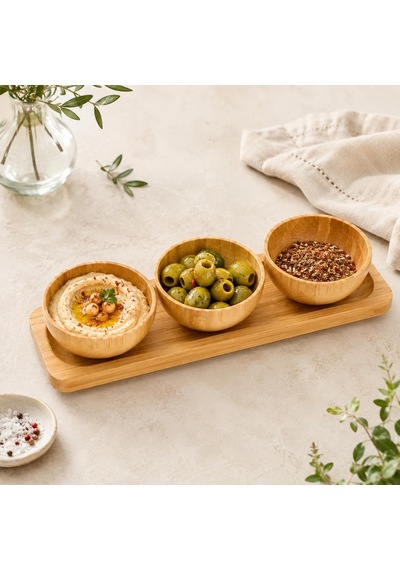 Lexroo 3 Lü Bambu Kase Seti, Sunum Tepsili Çerezlik Ve Atıştırmalık Servis Seti Çok Renkli